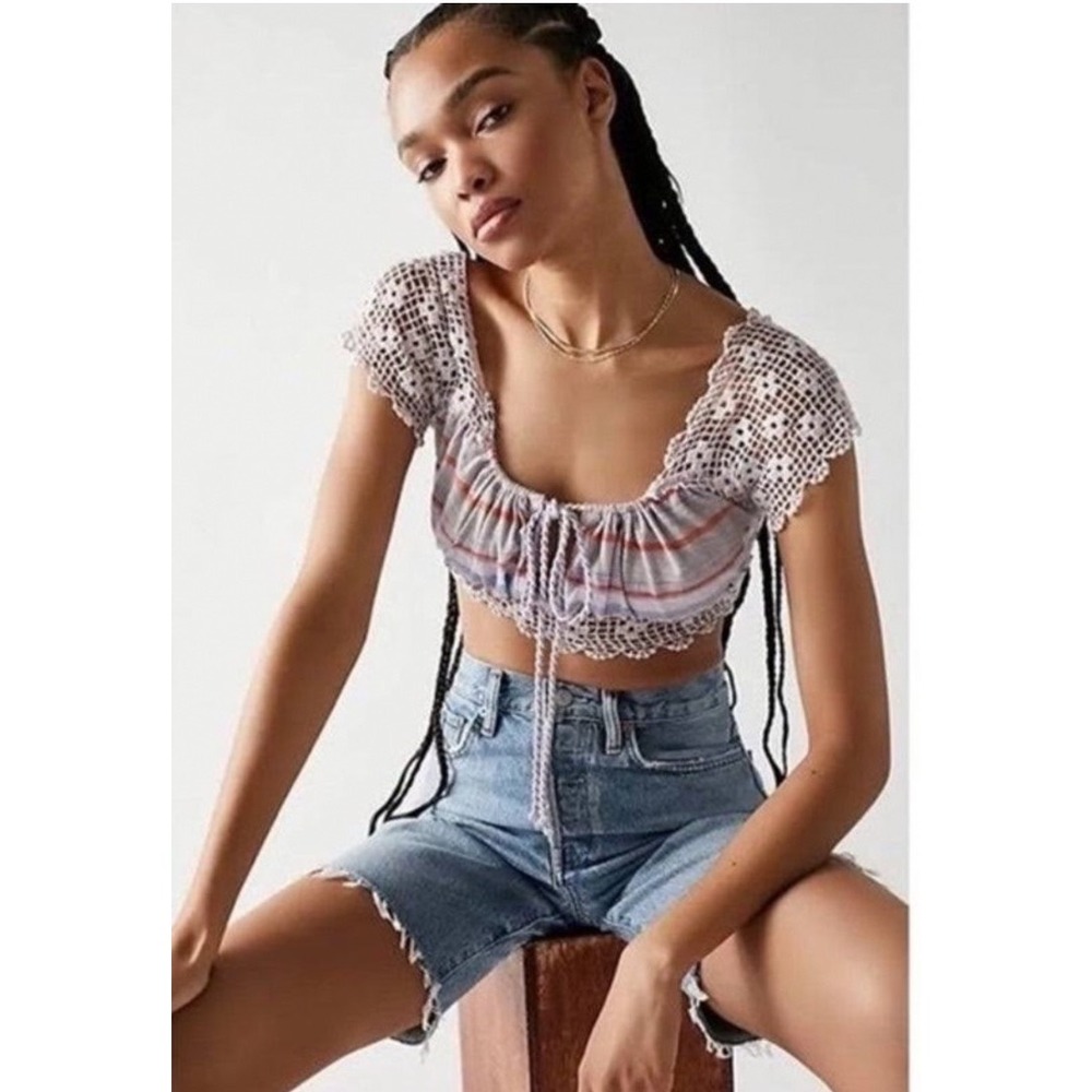 Free People Striped Aruba Crochet Trim Boho Crop Top Lavender Blue Orange Medium